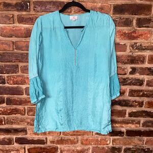 Anokhi Aqua Blue Silk 3/4 Sleeve Quarter Zip Tunic Blouse Women's Size Small